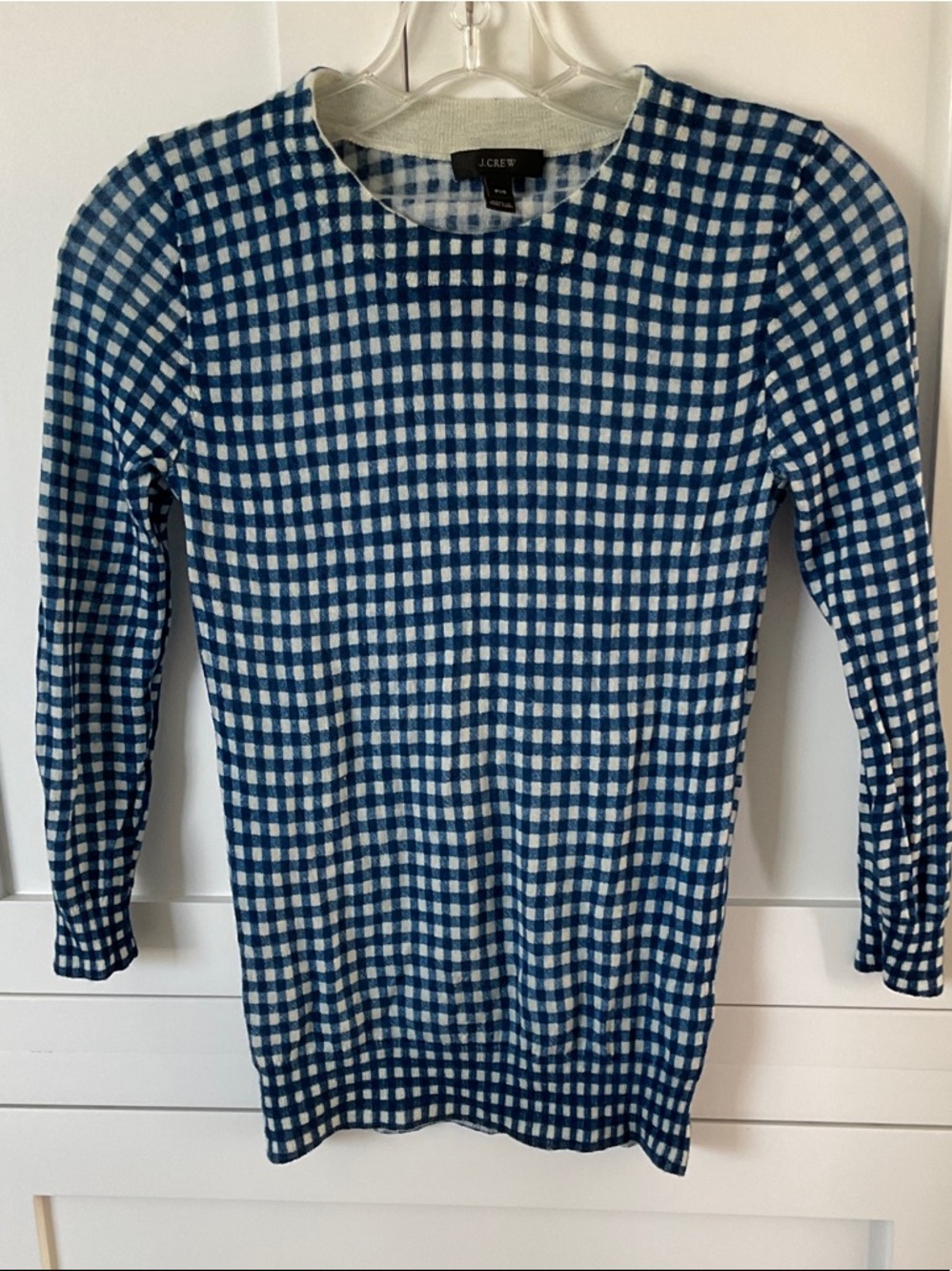 J. Crew Tippi Blue and White Gingham Crewneck Sweater